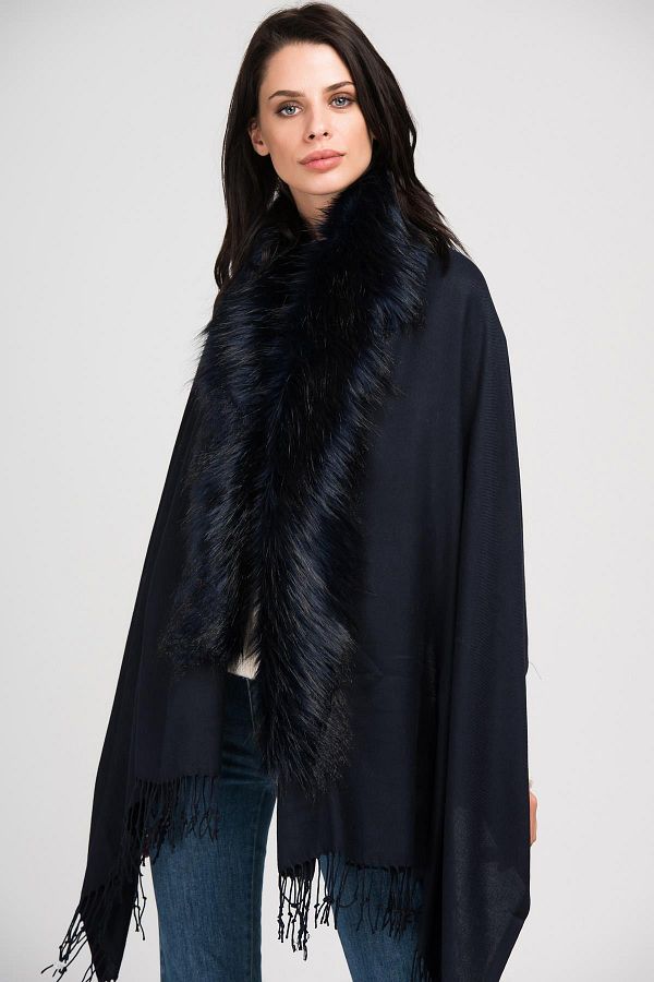 Axesoire-11293 Navy Blue Fur Tassel Poncho Yl 1