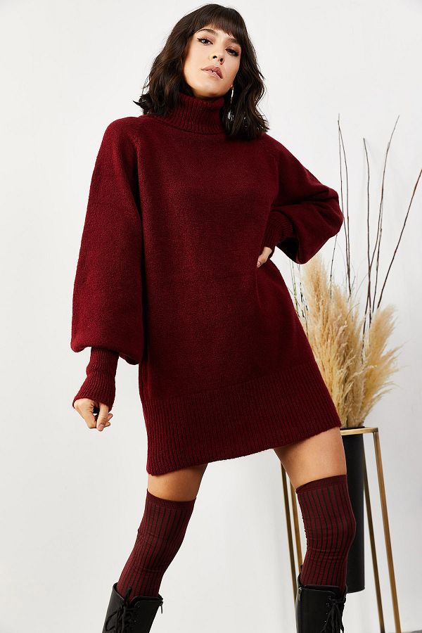 Olalook Women s Burgundy Turtleneck Balloon Sleeve Loose Knitwear Dress ELB 19000867 Trendyol