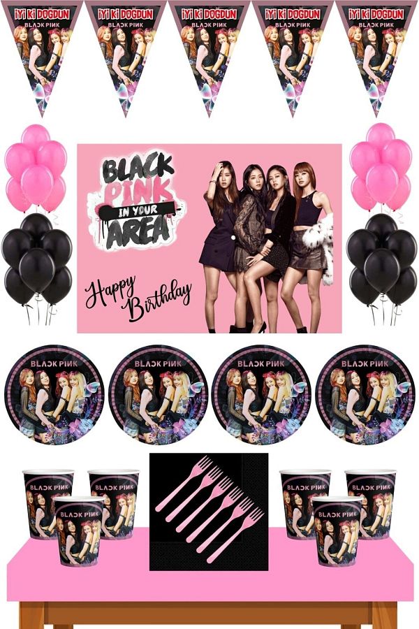 BLACK PINK-مجموعة مستلزمات حفلات عيد الميلاد مقاس 16 شخصًا مقاس 50 × 70 سم 1