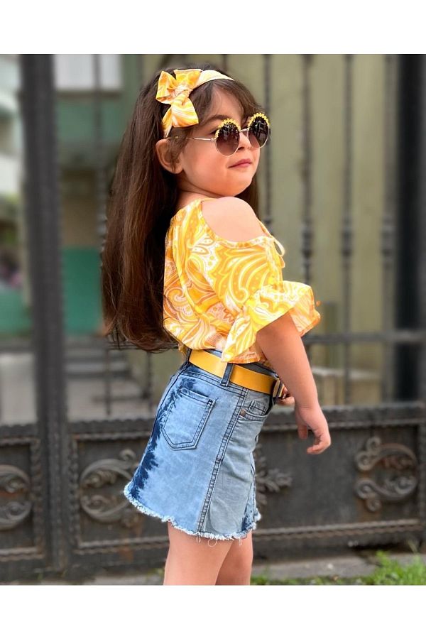 Yellow denim skirt set outlet