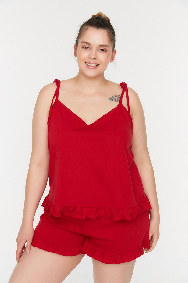 Trendyol Curve-Rotes Pyjama-Set mit gestrickten Rüschen und detailliertem Riemen TBSSS22PT0564 1