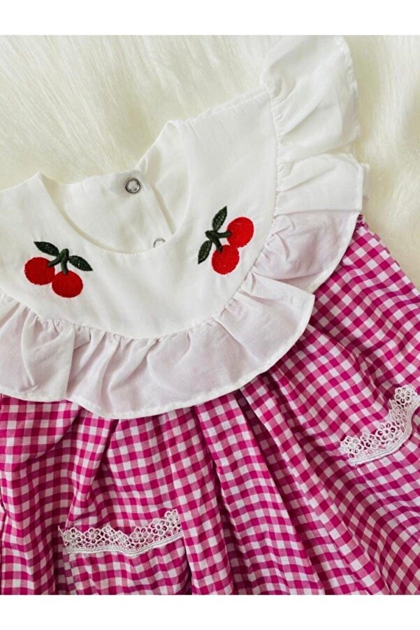Mars Kids Kız Bebek Fuşya Pötikareli Kirazlı Elbise Bandana