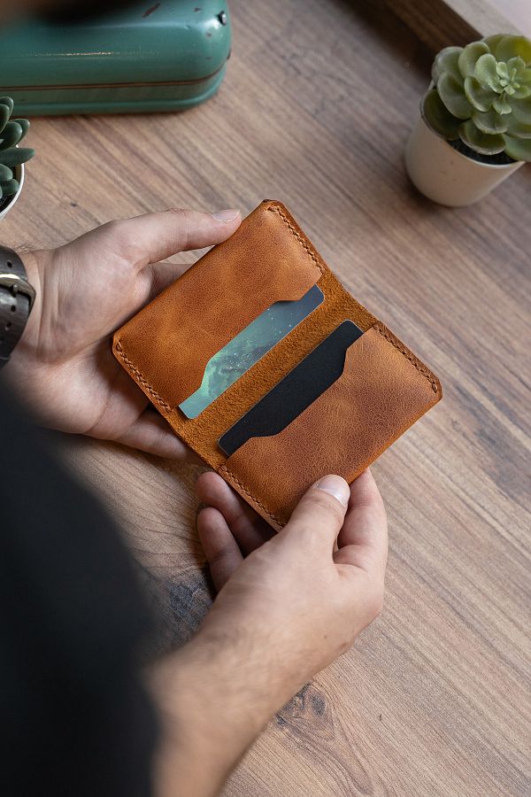 minimal X design-Minimal X Fold Card Holder - Camel - Real Leather & Handmade 1