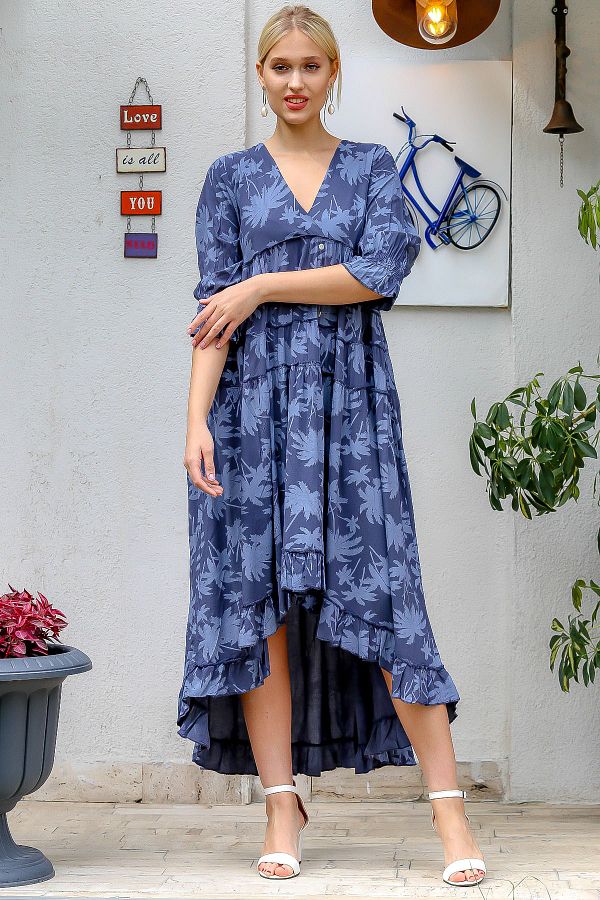 Chiccy Women s Navy Blue V Neck Ornamental Buttoned Palm Tree Layered Dress Short on the Front Long on the Back M10160000EL93315 Trendyol