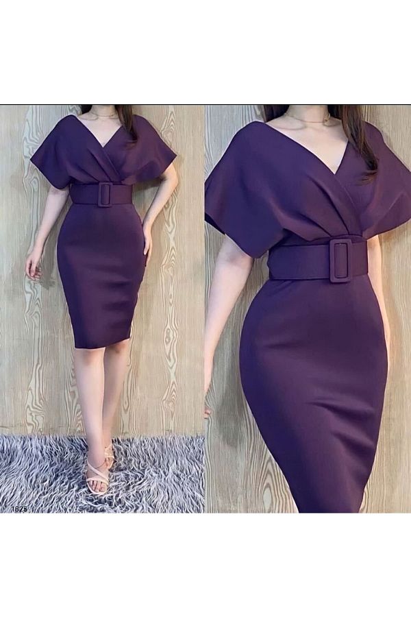 Mekafashion Plum Thila Belted Pencil Dress Trendyol