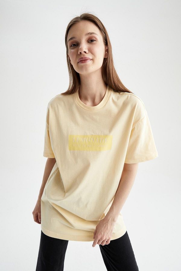 DeFacto-Regular Fit Crew Neck Slogan Printed Short Sleeve T-Shirt 100% Cotton Tunic 1