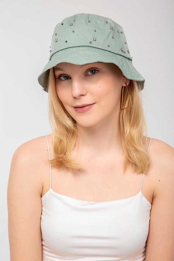 Saria Moda-Mint Green Bucket Hat with Stones on It 1