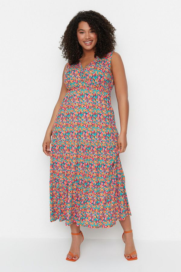 Trendyol Curve-Multicolor A-Line Floral Print V-Neck Knitted Plus Size Dress Tbbss22Ah00010 1