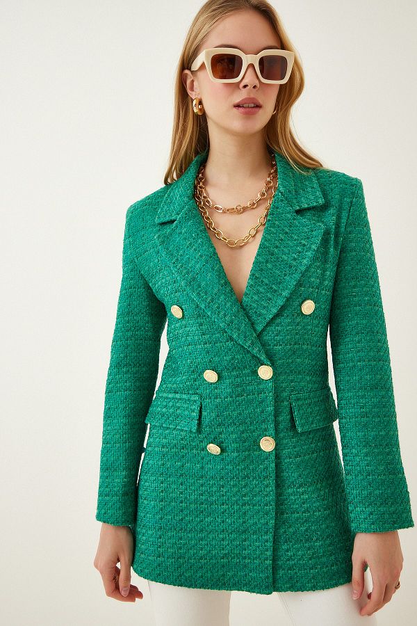 Happiness İstanbul-Grüner Tweed-Blazer mit Knöpfen für Damen WF00004 1