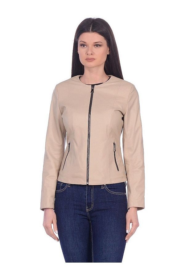 LEONARDO Women s Beige Collarless Sports Genuine Leather Jacket Coat Trendyol