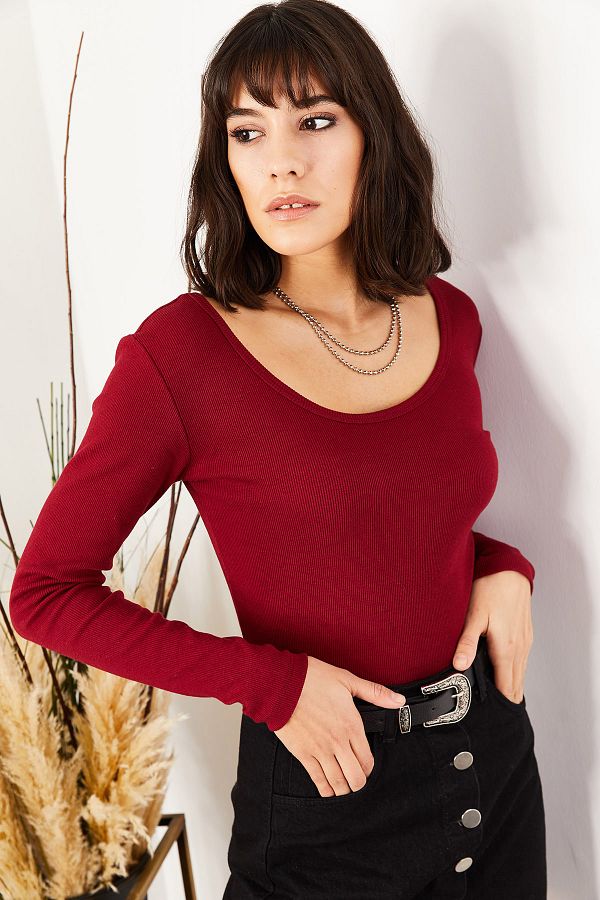 Olalook-Bluză de damă burgundă cu guler lat cu camisole BLZ-19000722 1