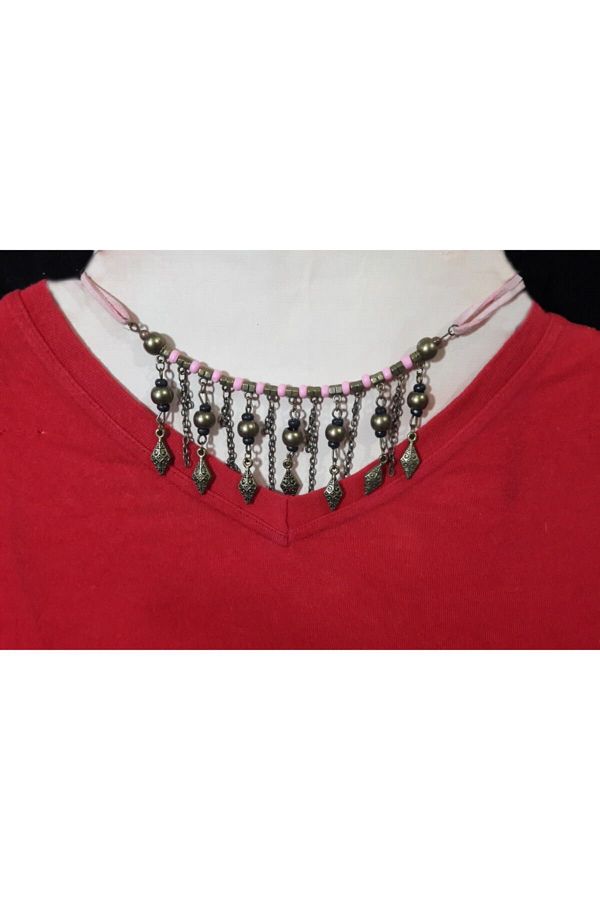 FASHİON JEWELRY-قلادة بتصميم مطرز عرقي مع حبل وردي 1