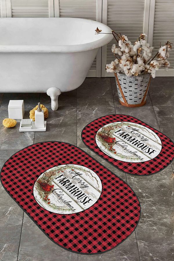 Realhomes-Red Black Plaid Christmas Themed 2-Piece Oval Kitchen Mat Set & Bathroom Rug Set 1