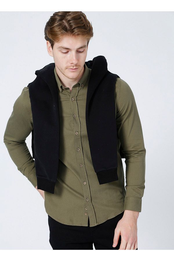 LİMON COMPANY-Lemon E-Austen-y Plain Standard Fit Khaki Herrenhemd 1