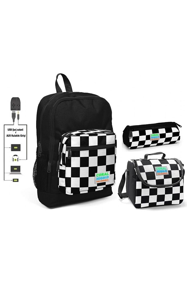 Coral High-Black Checkered Four Compartment Primary School Bag Set - With USB Port 1