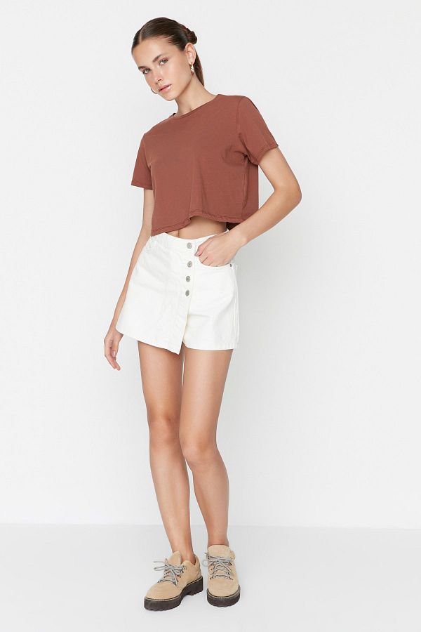 Trendyol Collection-Ecru Button Detailní Džínové šortky s vysokým pasem Sukně TWOSS22SR0448 1