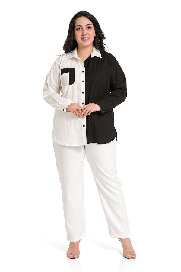 DISENTIS MODEST-Large Size Asymmetrical Black and White Shirt with Folded Sleeves and Pocket Detail 1