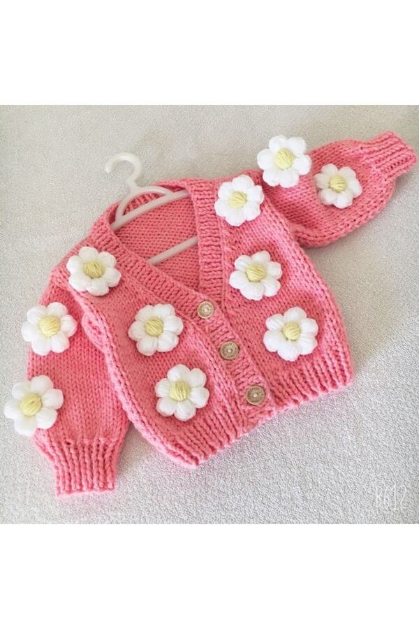 İzmirblanket El Örgüsü Bebek Papatyalı Crop Hırka