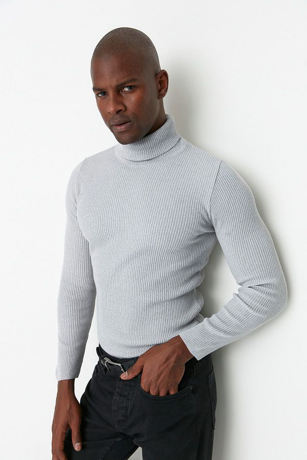 Trendyol Collection Turtleneck Gray Corded Sweater Cotton Slim Fit Tmnaw20Mg0031 Trendyol
