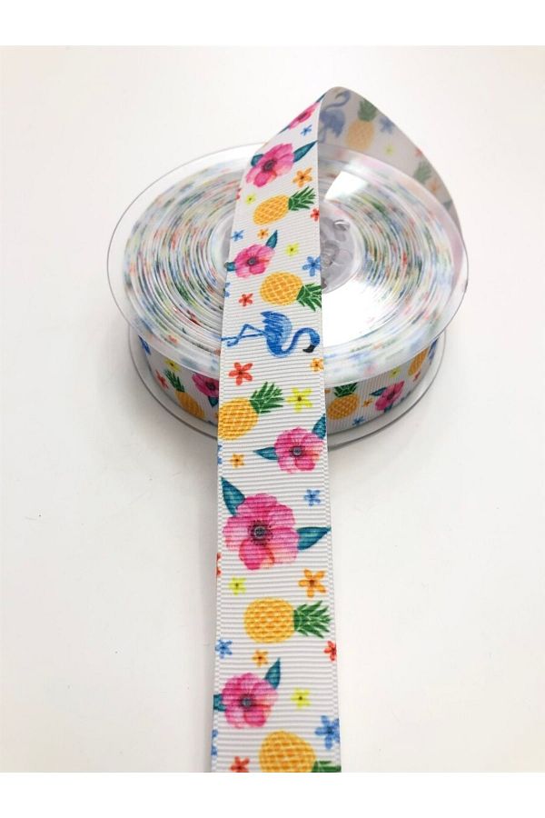 Hobigram-White Flamingo Patterned Grosgrain Ribbon 2.5 cm 1
