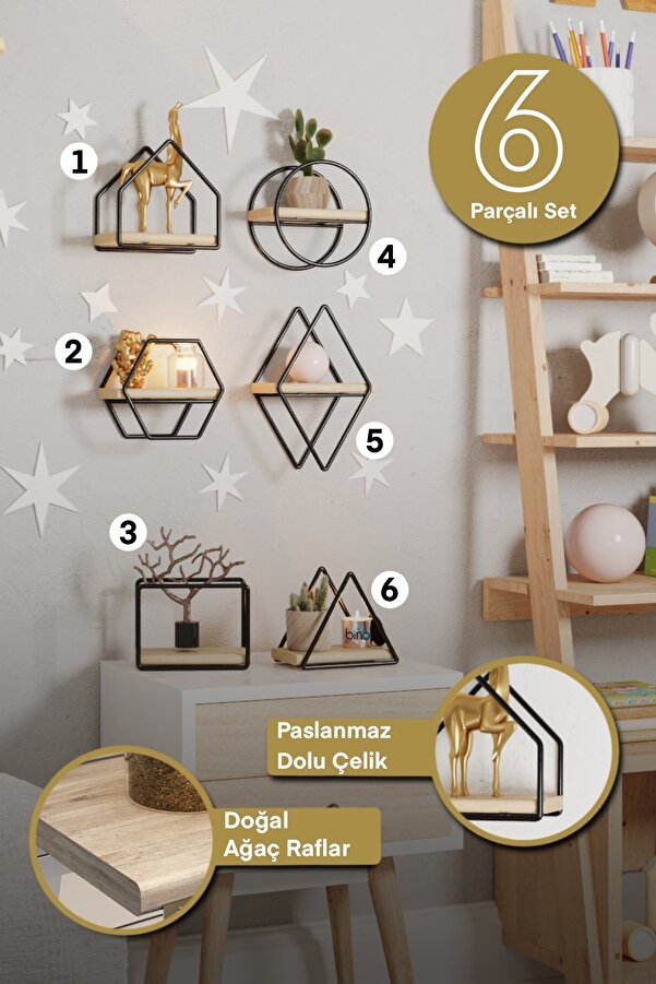 Bino Montessori Kitaplık Bebek Çocuk Odası Duvar Rafı Ahşap Minyatür Oyuncak Odası Raf 6'lı Set