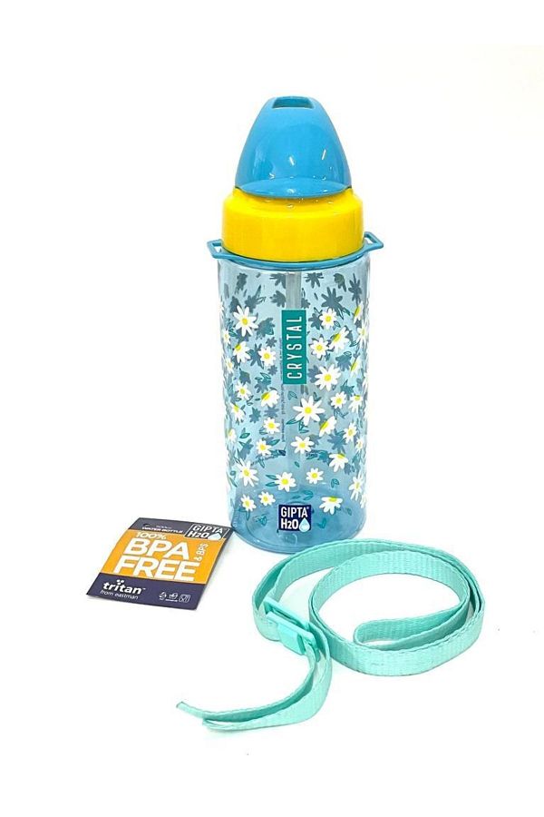 Gıpta-Blue Crystal Tritan Patterned Flask with Straw 500 Ml 1