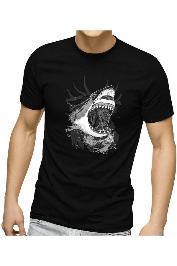 Raf Coll-Unisex Black Crew Neck Slim Fit T-shirt Shark Digital Printed Organic Cotton 1