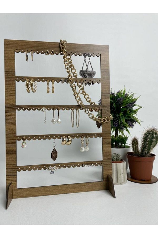 AHWALL WOODWORKING Decorative Jewelry Earring Stand Rectangular Laser Cut Wooden MDF Trendyol