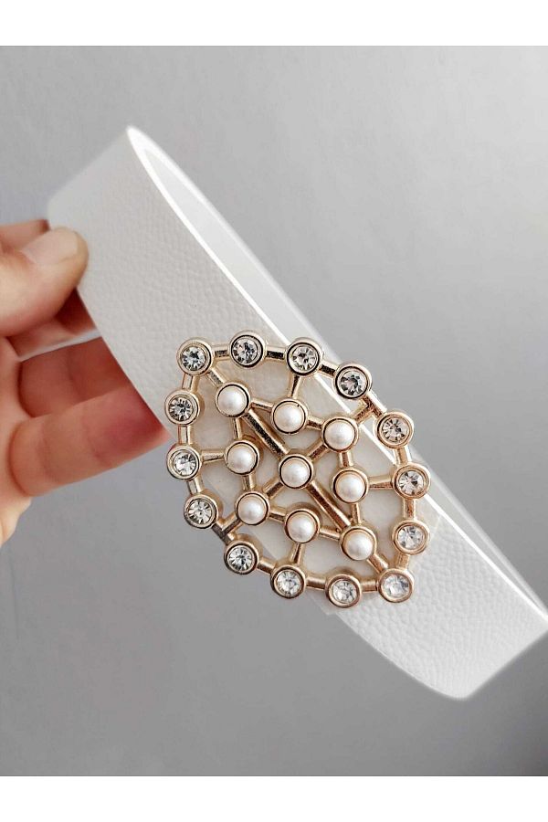 Kemerix-Women's Pearl Stone White Belt with Gold Buckle 1