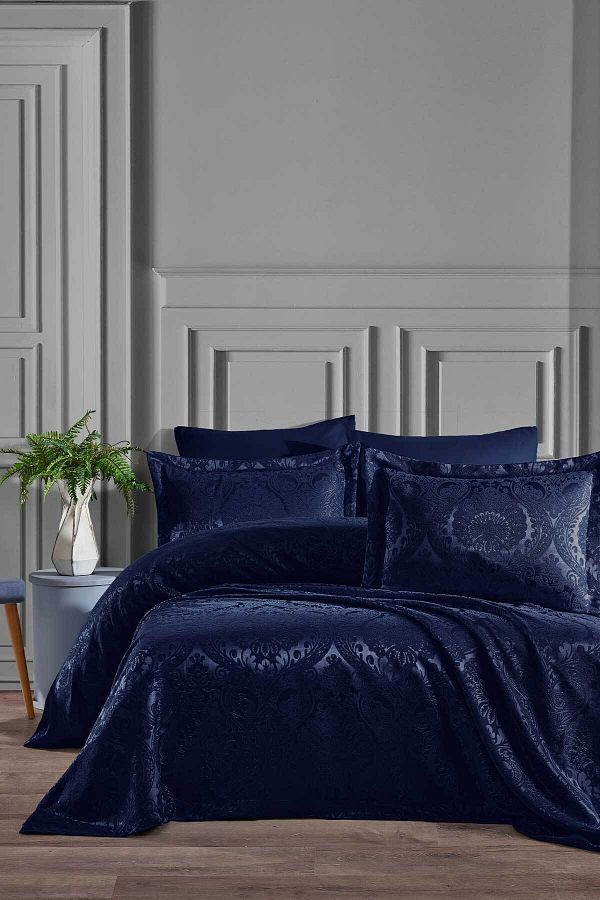 Elart-Set cuvertură de pat dublă țesătură chenille Enora bleumarin 1