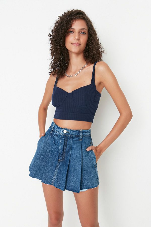 Trendyol Collection-Μπλε πλισέ κανονική τζιν σορτς μέσης TWOSS22SR00163 1
