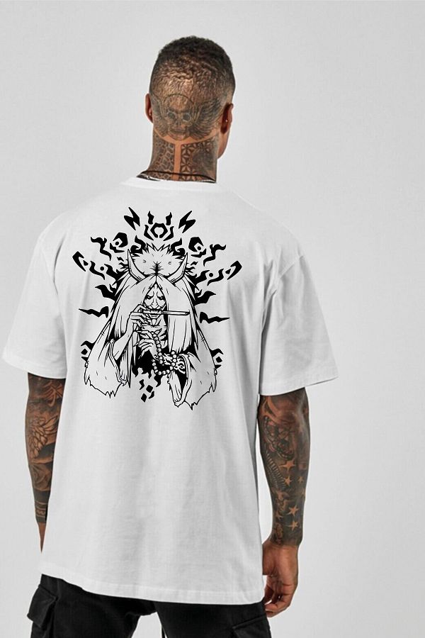 SUNFREE-Anime Death Reaper Printed Oversize Unisex White T-Shirt 1