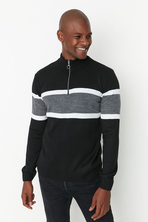 Trendyol Collection Black Slim Fit Slim Fit Half Fisherman Zipper Color Block Sweater Tmnaw20Mg0022 Trendyol