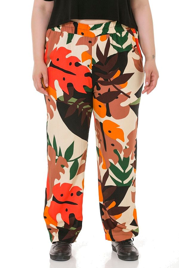 DISENTIS MODEST-Plus Size Patterned Woven Viscose Ecru Trousers with Elastic Waist Pockets 1