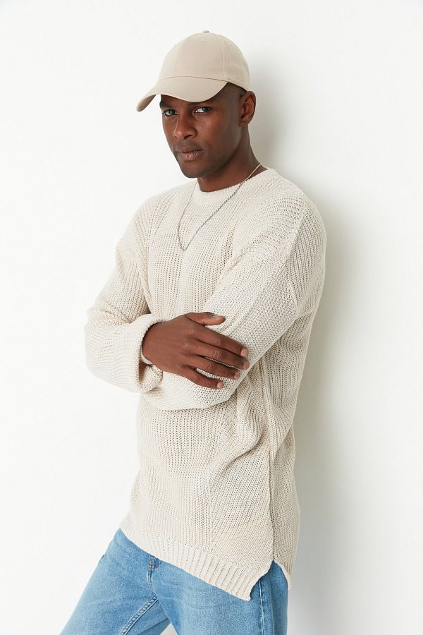 Trendyol Collection-Unisex Beige Oversize Knitwear Sweater - Crew Neck with Slit Detail Tmnaw21Kz0552 1
