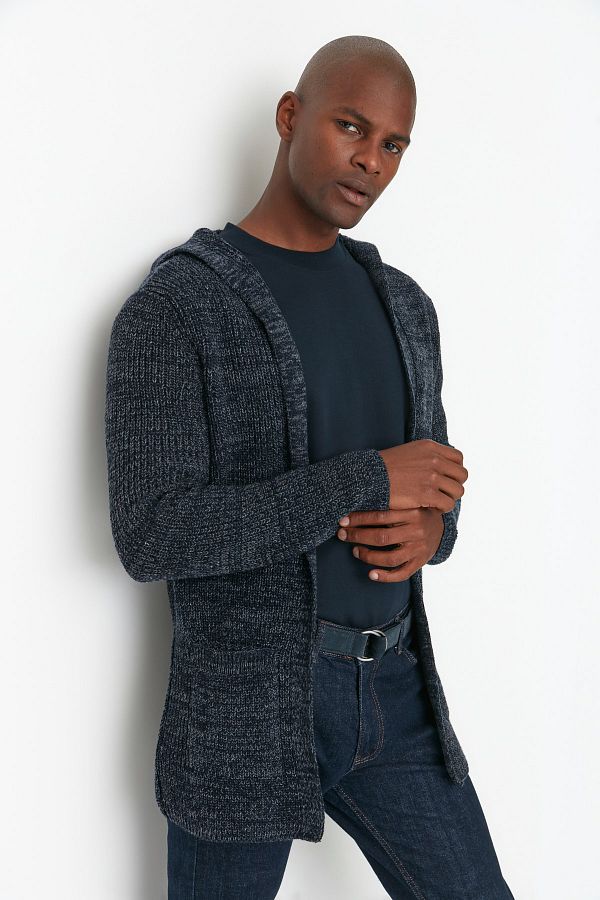 Trendyol Collection Navy Blue Regular Fit Hooded Long Cardigan With Pockets TMNAW20HI0025 Trendyol