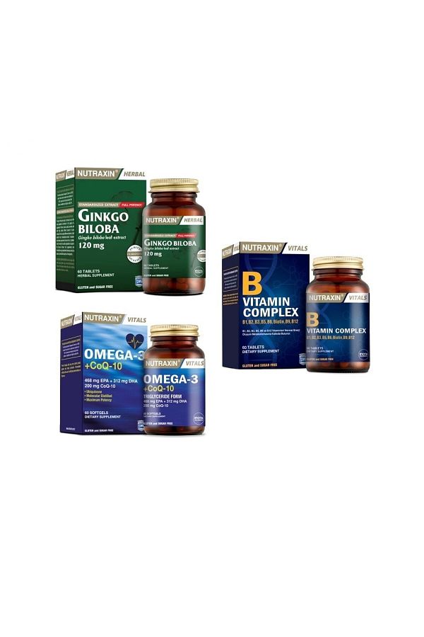 Nutraxin-Ginkgo Biloba and Vitamin B Complex - 60 Tablets + Omega 3 and Coq-10 Capsules 1