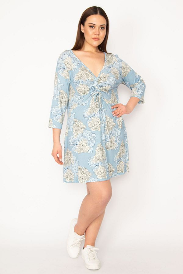 Şans-Women's Plus Size Blue Chest Gather Detailed Tunic 65n32937 1
