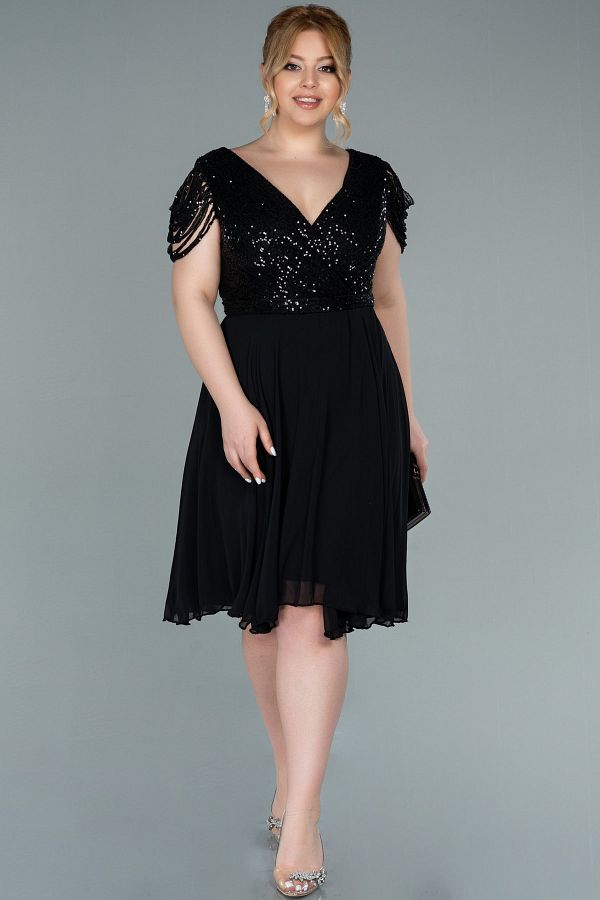 Abiyefon-Black Sequin Short Chiffon Plus Size Evening Dress Abk1376 1