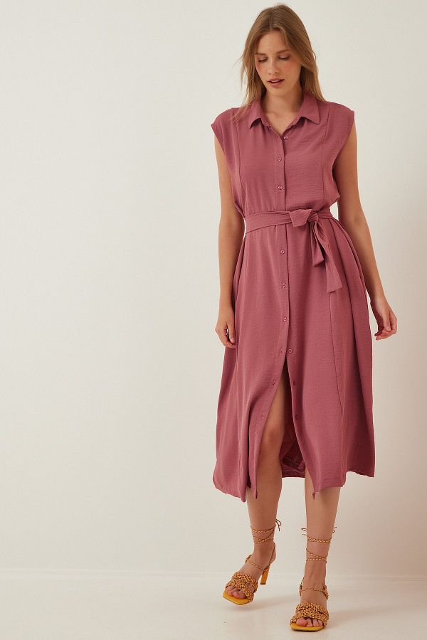 Happiness stanbul Women s Dusty Rose Belted Linen Viscose Summer Shirt Dress DD00927 Trendyol