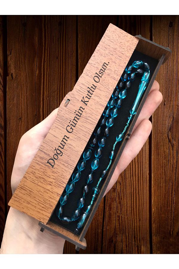 KANUNİ TESBİH-Happy Birthday with Wooden Box, Petrol Blue Moire System, Tasseled Prayer Beads 1
