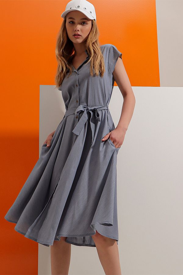 Trend Alacat Stili Women s Indigo Blue Sleeveless Woven Shirt Dress ALC X6056 Trendyol