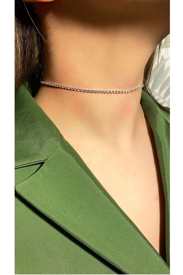 BB wikiki-One Row of Choker with Shiny Stones Silver Color 1