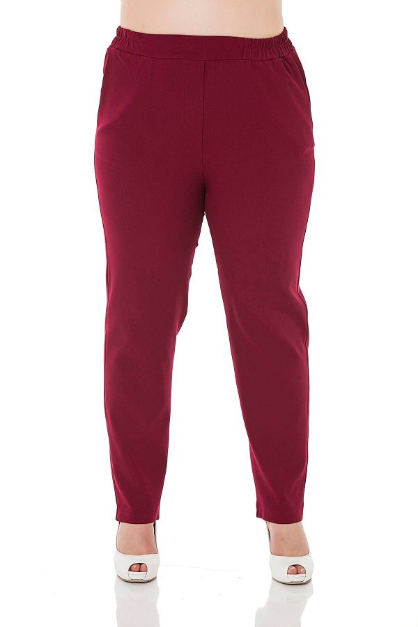 DISENTIS MODEST-Large Size Claret Red Trousers with Elastic Waist, Side and Back and Narrow Leg Pockets 1