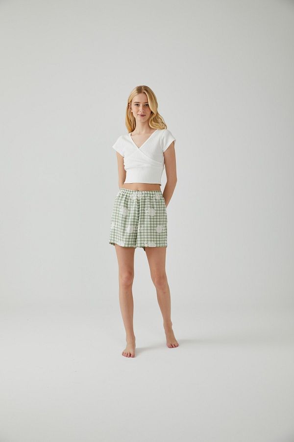 Pamuk & Pamuk-Ecru Crop Green Checkered Shorts Set 1