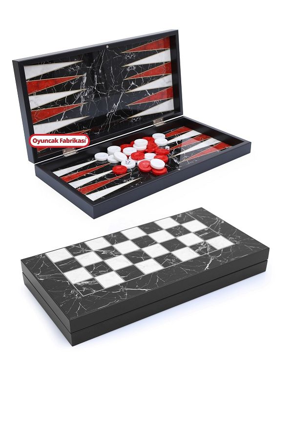 Miajima-Black Marble Patterned Backgammon Set Large Size 1