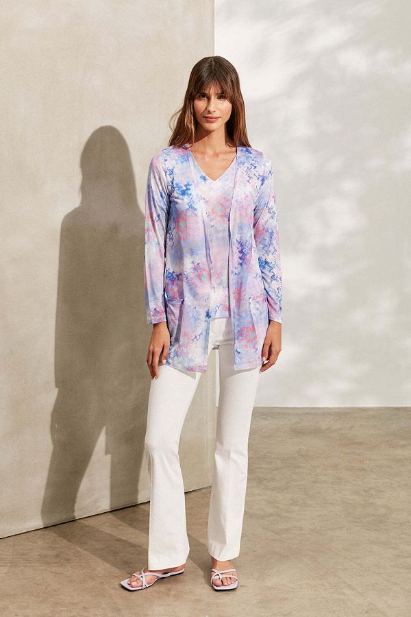 Silk and Cashmere Ethnic Printed Blue Sirena Modal T Shirt Cardigan Super Thin Trendyol