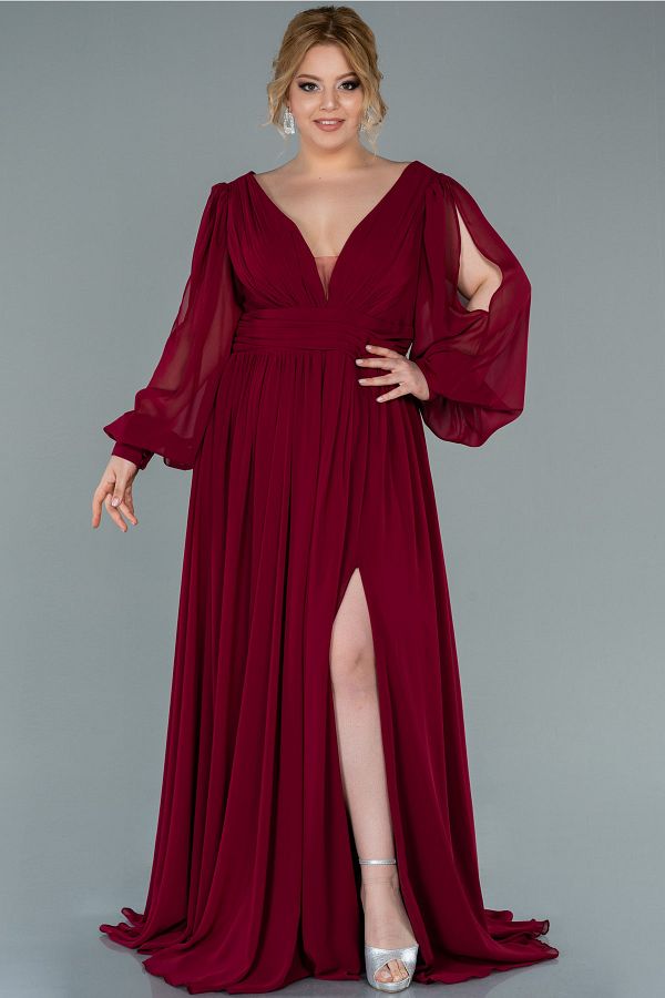 Abiyefon Burgundy Long Sleeve Chiffon Plus Size Evening Dress Abu1988 Trendyol