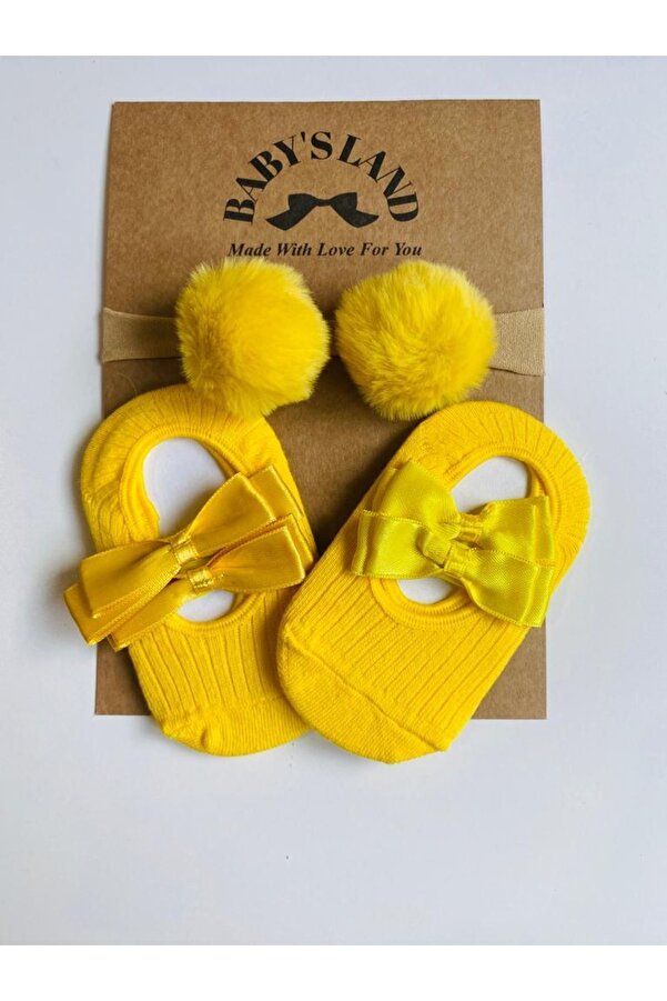 Babyland Okul Çorabı Kız Bebek/çocuk Sarı Ponponlu Lastik Bandana Ve Sarı Babet Çorap
