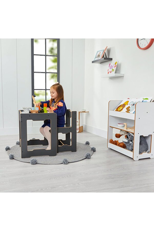 Minera 4-6 Yaş Martı Ahşap Montessori Aktivite Çalışma Masa Sandalye Seti(1 Masa+1Sandalye)/Antrasit